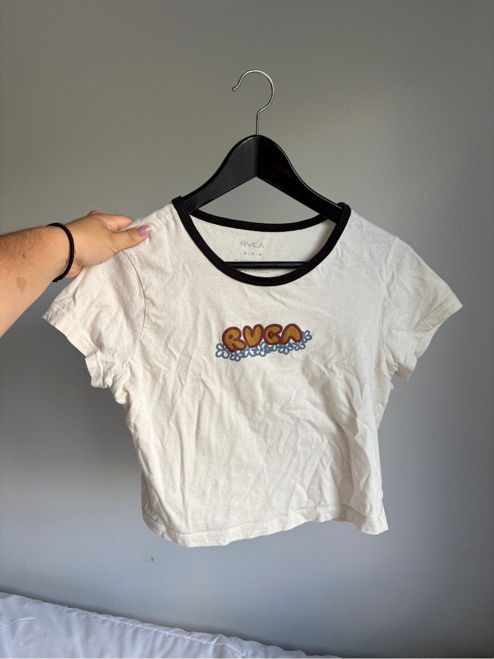 RVCA Cream Crop Tee with Black Ringer and Retro Orange Logo